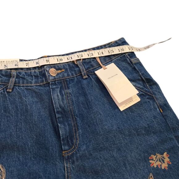 ZARA the New Culotte Embroidered Beaded Raw Hem Straight Leg‎ Jeans Sz Large New - Picture 8 of 16